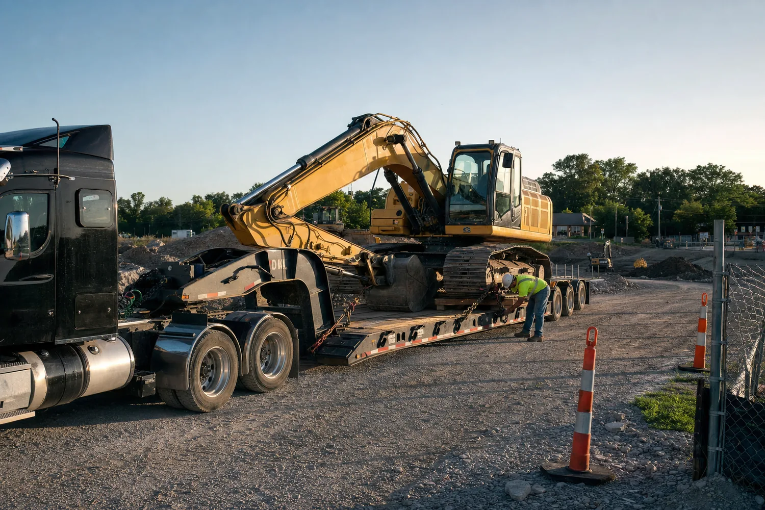 Yellow tracked excavator chained down on a lowboy trailer behind a black day-cab tractor at a construction site