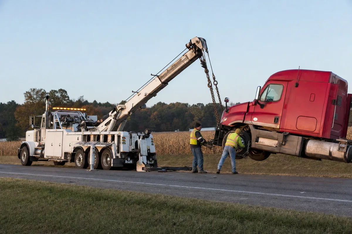 Heavy duty wrecker with boom extended lifting the front of a semi tractor on an interstate shoulder