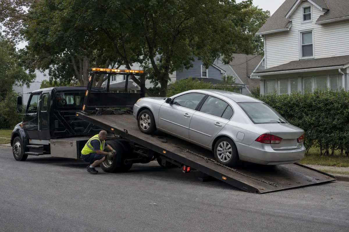 Flatbed rollback tow truck winching a silver sedan onto the deck on a residential street in daylight