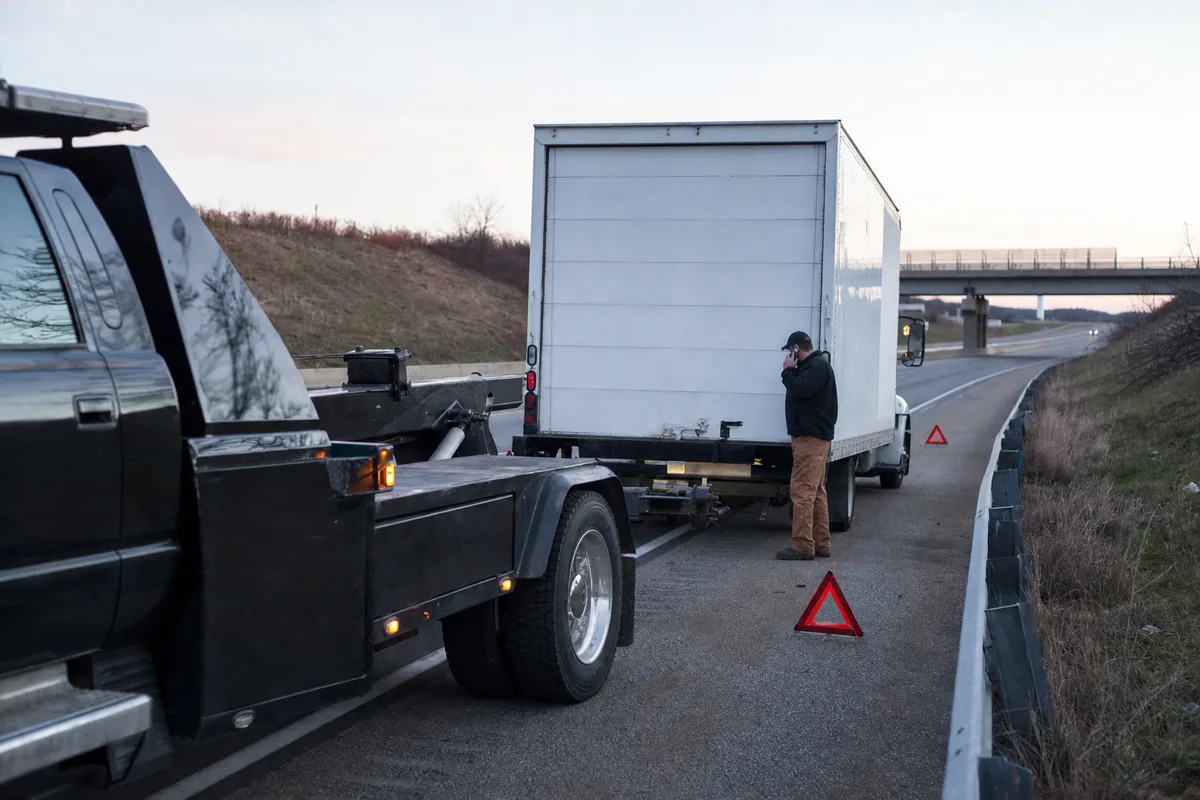 Medium duty wrecker preparing to tow a white box truck stopped on a highway shoulder