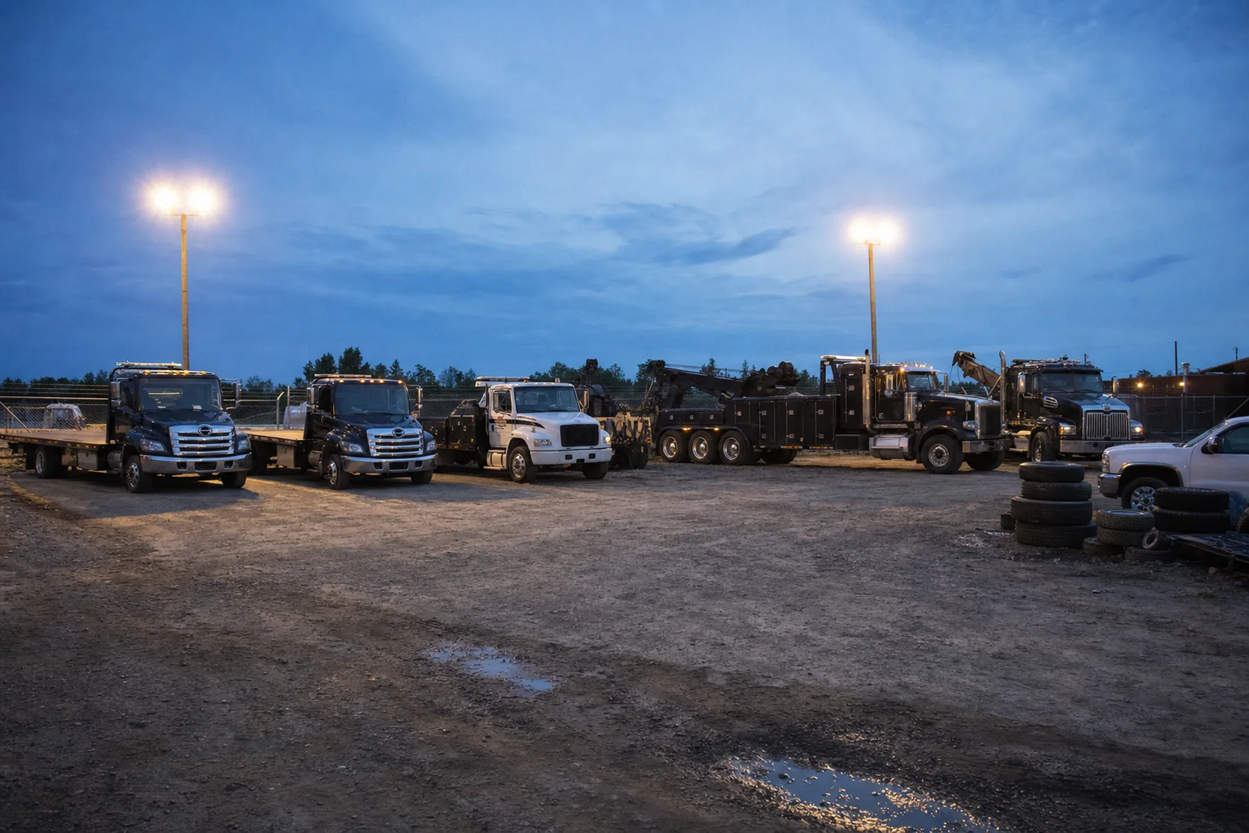 Mixed tow fleet of flatbed rollbacks, a medium duty wrecker and heavy duty wreckers lined up in a fenced yard under floodlights at dusk