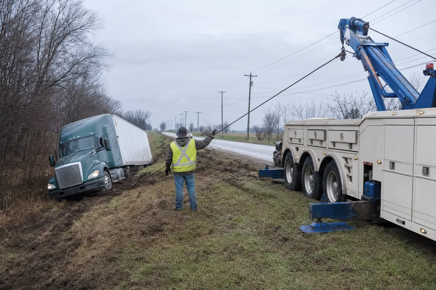 Heavy wrecker winching a semi tractor-trailer out of a muddy ditch beside a two-lane country road while an operator guides the line